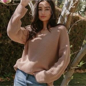 Jenni Kayne Cabin Fisherman Organic Cotton Blend Sweater Tan Brown V-neck